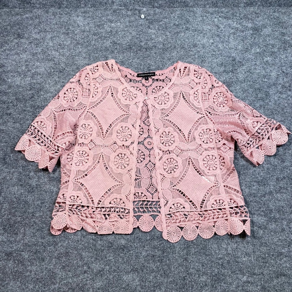 Chris McLaughlin Women Pink Floral Lace Short Sleeve Cardigan Shrug Medium